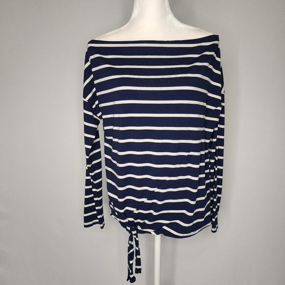 🌻3 for $18 Blue Striped Boat Neck Tie Front Top - Picture 1 of 3
